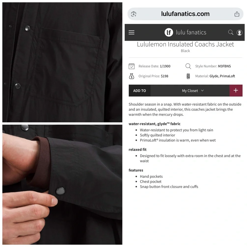 Lululemon Men’s Insulated Coaches Jacket Black XL NWT